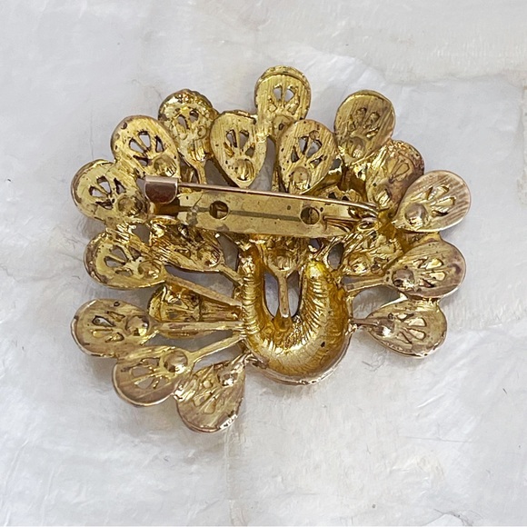 Vintage Gold Tone CZ Peacock Brooch - Picture 9 of 11